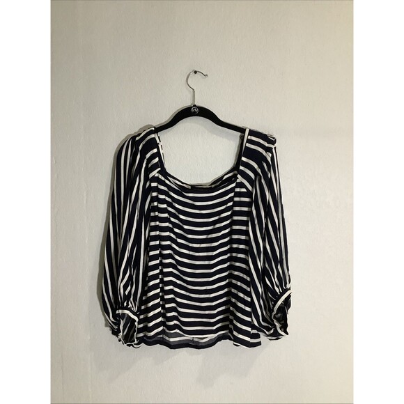 Banana Republic Blouse Women  SZ L Navy White Stripe Balloon Sleeve Top  NWT - Picture 6 of 8